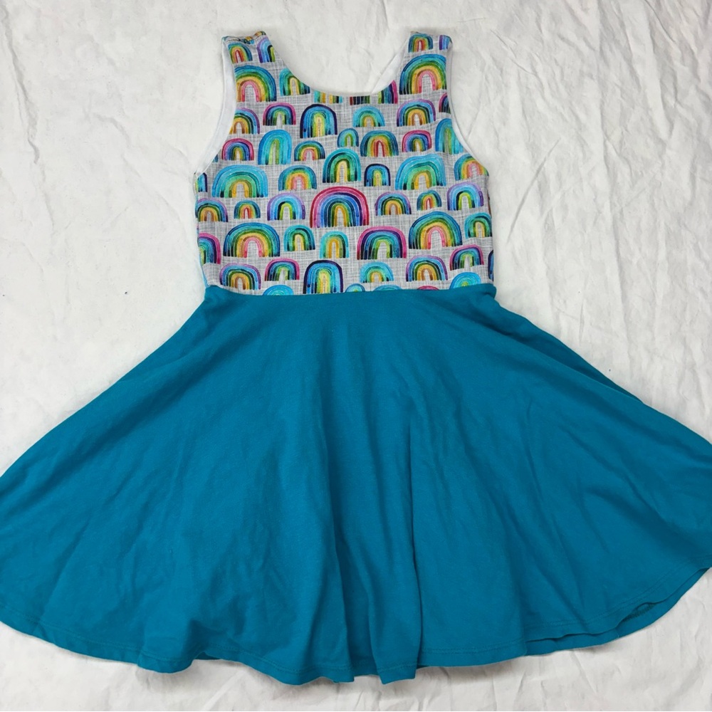 Malia‎ and Kai Kids Tank Twirl Rainbow Dress Teal Size 3 Handmade USA Boutique
